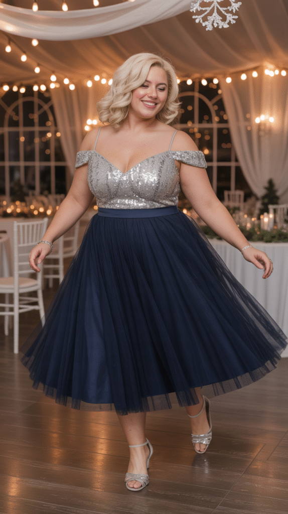 Plus size white woman in navy tulle skirt with sequined top twirling at holiday wedding.