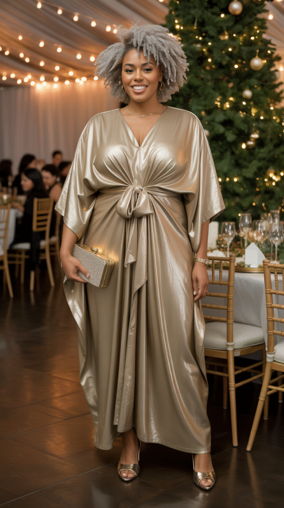 plus size Black woman in gold metallic kaftan gown at festive holiday wedding.