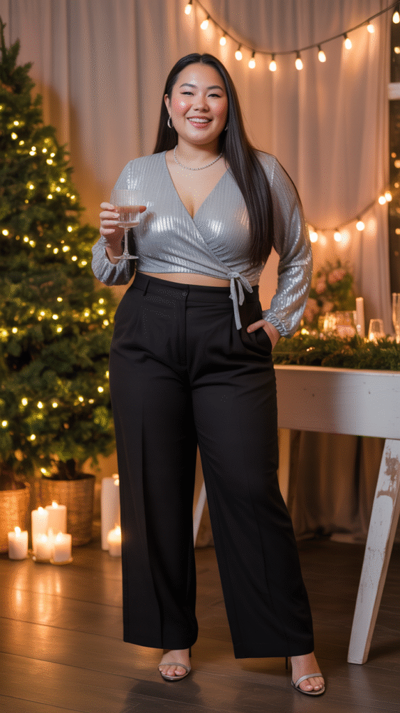 Plus size Asian woman in shimmer wrap top and wide-leg trousers at holiday wedding.