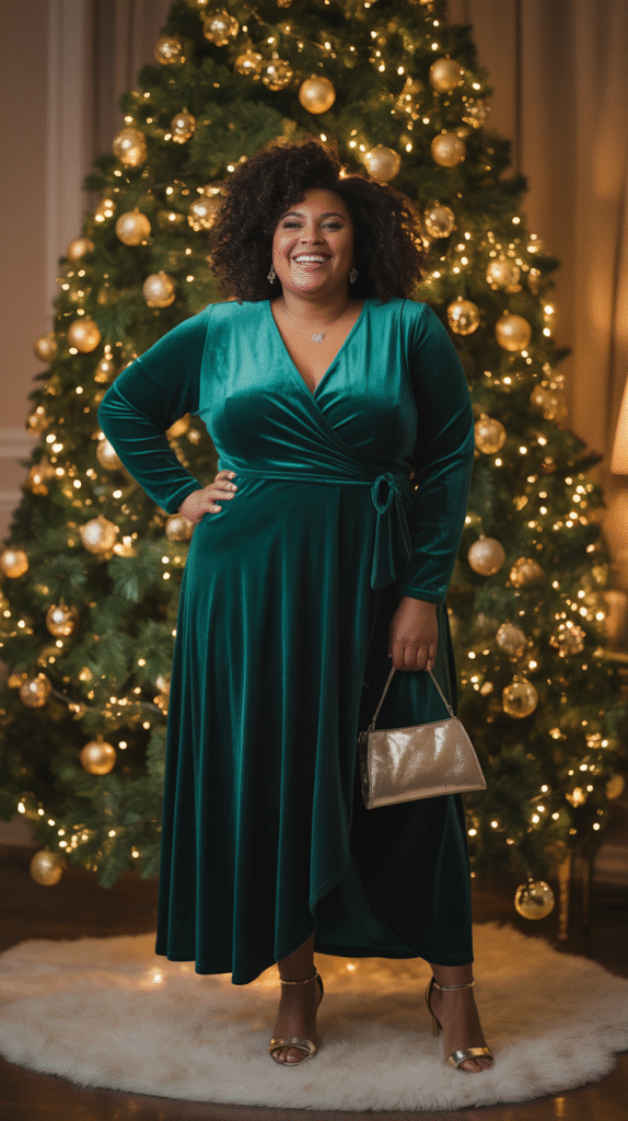 Plus size Black woman in emerald velvet wrap dress near a Christmas tree at a holiday wedding.