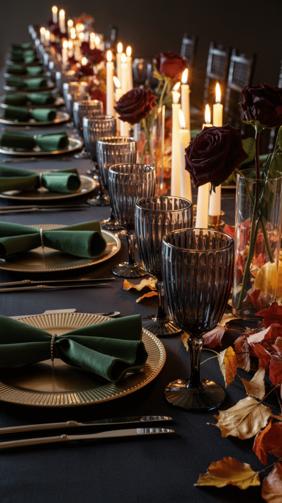 Black goblet glassware on a Halloween wedding table with candles and roses.