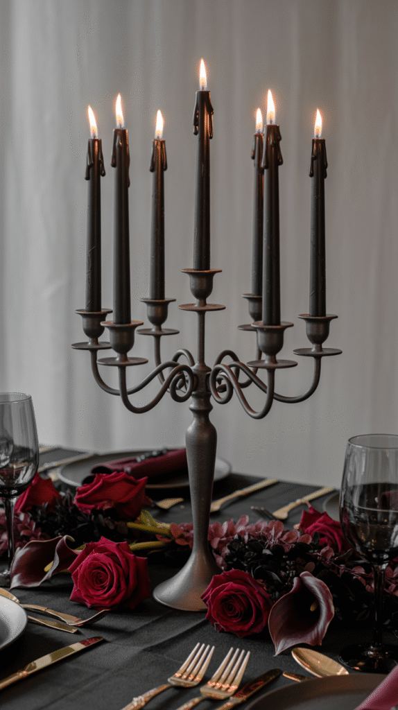 Black candelabra with taper candles at a Halloween wedding.