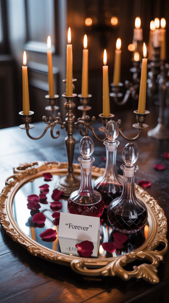 Gothic mirror tray centerpiece with candles and rose petals at a Halloween wedding.