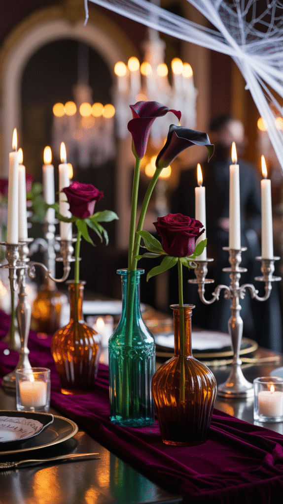 Vintage poison bottles with flowers as Halloween wedding table decor.