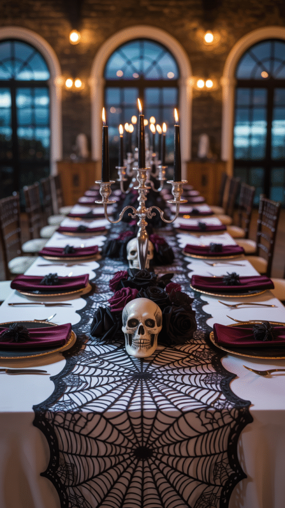 Black lace spiderweb table runner at a Halloween wedding.