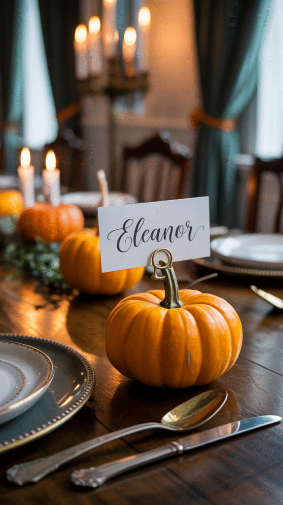 Mini pumpkin place card holder on a Halloween wedding table.