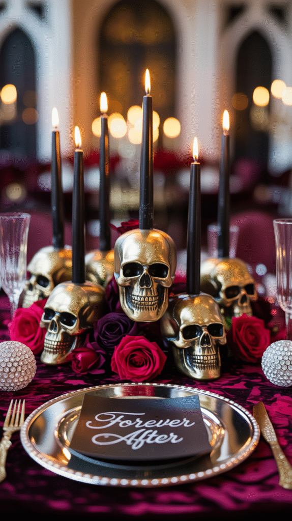 Gold skull candle holders with black taper candles on a wedding table.