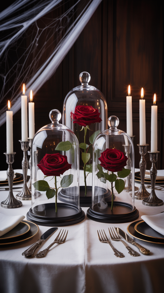 Glass dome centerpiece with blood-red roses on a Halloween wedding table.