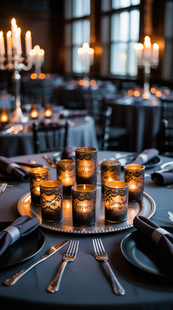 Black lace-wrapped votive candles glowing on a Halloween wedding table.