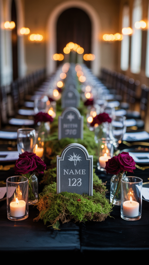 Tombstone tabletop centerpieces styled with roses and candles at a Halloween wedding.
