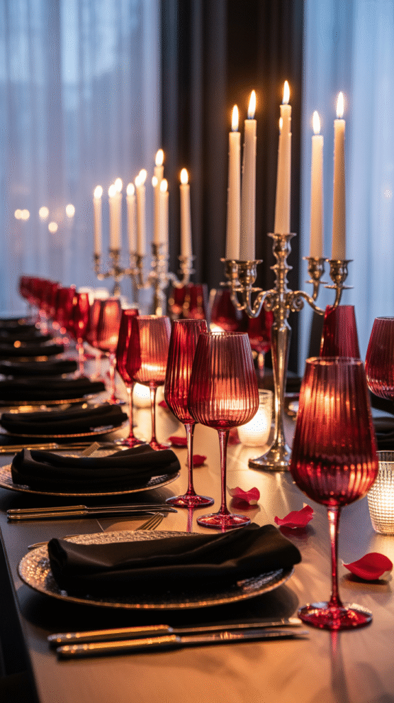 Red crystal wine glasses on a candlelit Halloween wedding table.