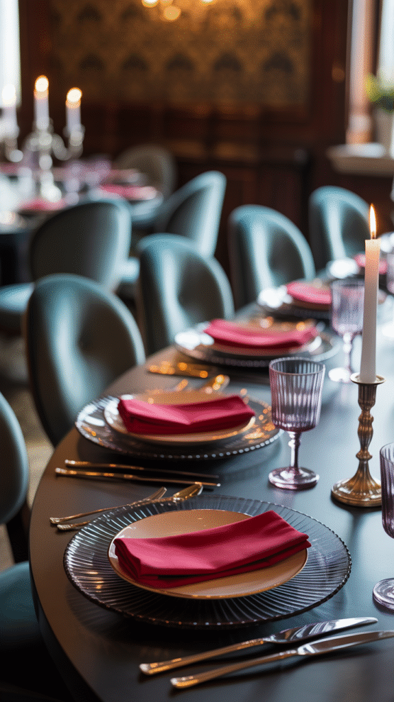 Smoky glass charger with black dinnerware and red napkin at a Halloween wedding.