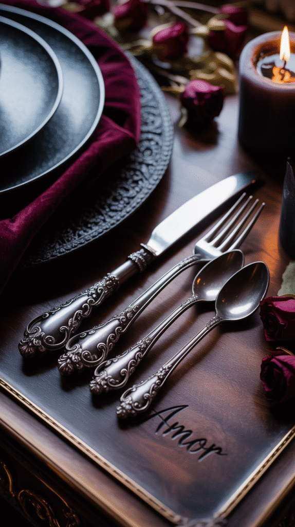 Black gothic silverware on a Halloween wedding table.