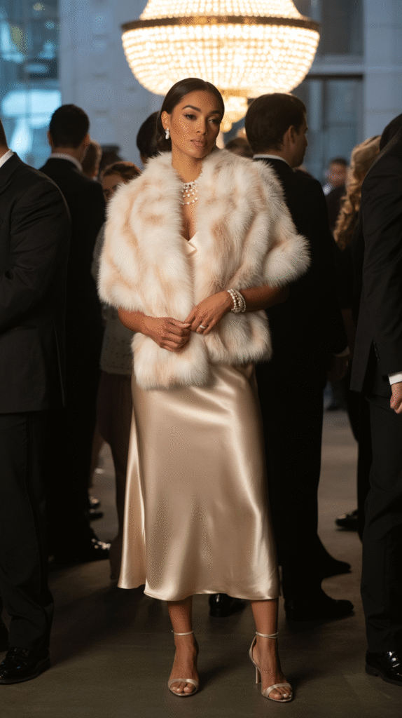 Guest in a champagne satin dress with faux fur stole at a glamorous Thanksgiving weekend wedding.