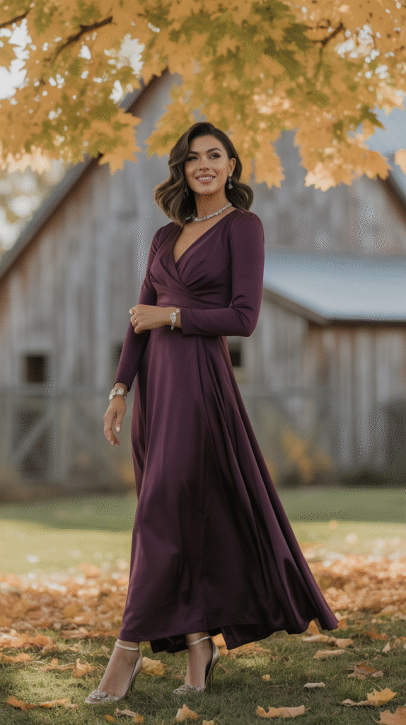 Guest in a plum long-sleeve maxi dress posing under autumn trees at a Thanksgiving wedding.