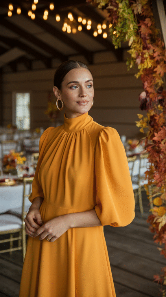 Guest in a marigold midi dress with dramatic sleeves, styled for a Thanksgiving wedding with autumn leaf décor.
