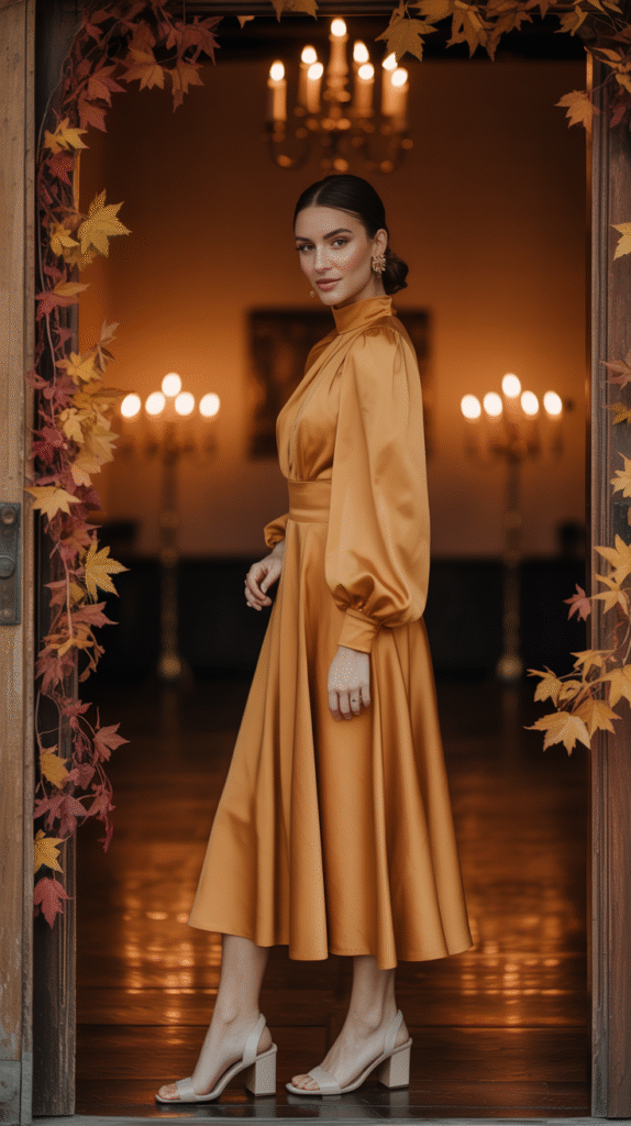 Guest in a marigold midi dress with dramatic sleeves, styled for a Thanksgiving wedding with autumn leaf décor.