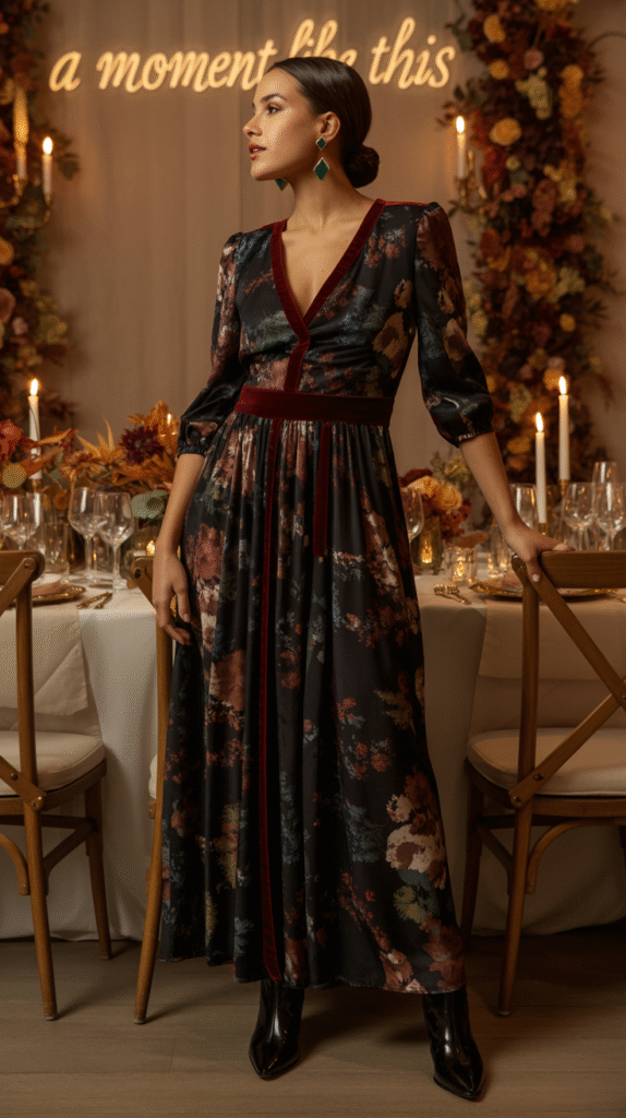 Guest wearing a dark floral maxi dress with velvet details at a Thanksgiving wedding dinner.