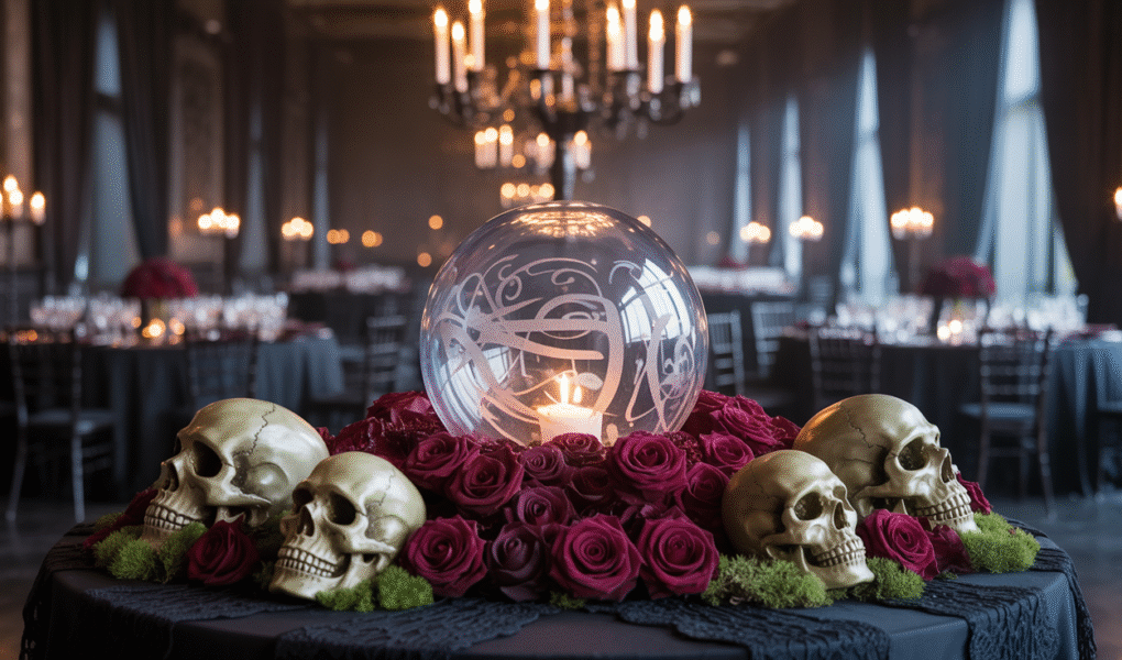 Elegant Halloween wedding reception with romantic spooky centerpieces, including crystal balls, moss-covered skulls, and black chandeliers.