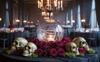 Elegant Halloween wedding reception with romantic spooky centerpieces, including crystal balls, moss-covered skulls, and black chandeliers.