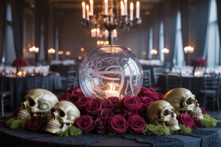 Elegant Halloween wedding reception with romantic spooky centerpieces, including crystal balls, moss-covered skulls, and black chandeliers.