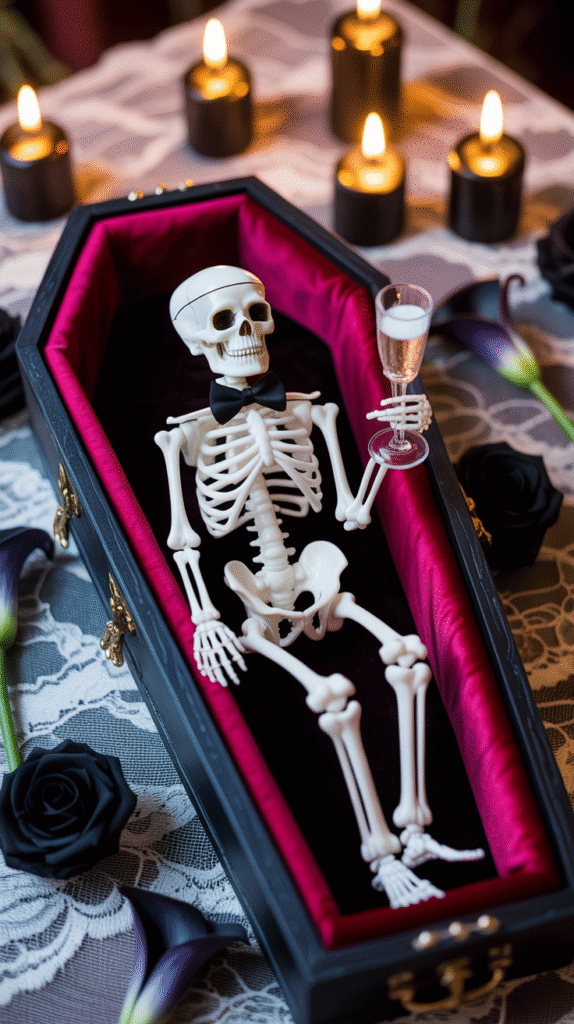 Poseable skeleton in a coffin styled as Halloween wedding decor.