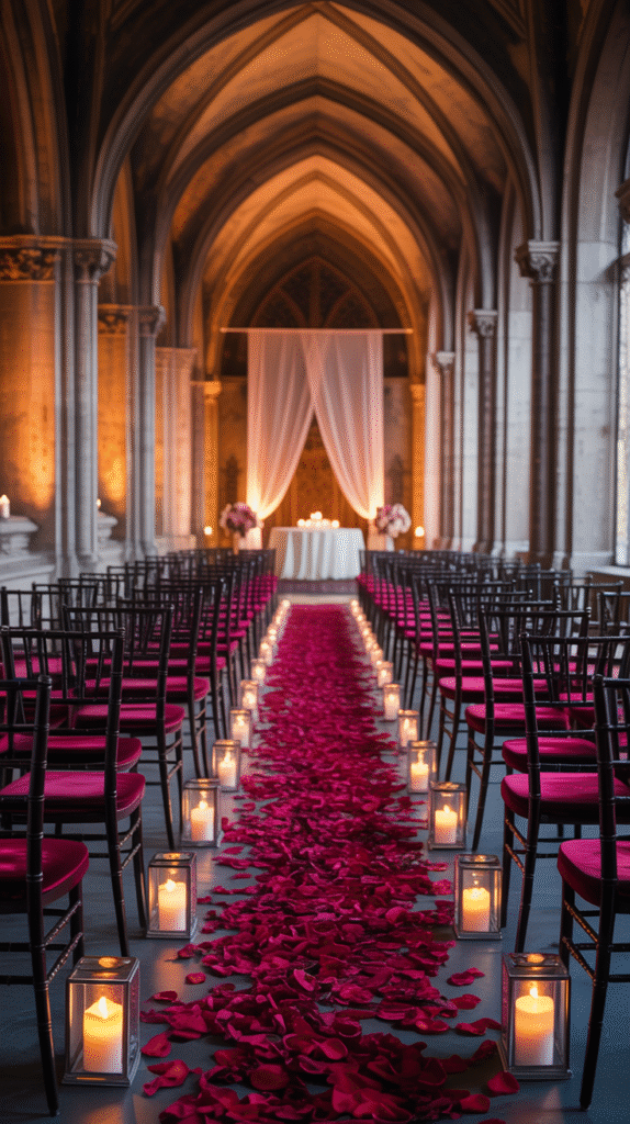 Black Chiavari chairs with red velvet cushions at a Gothic wedding ceremony.
