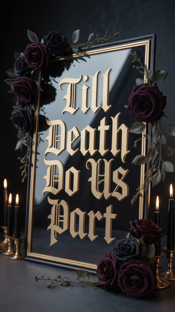 Gothic wedding welcome sign with gold Gothic script and dark roses.