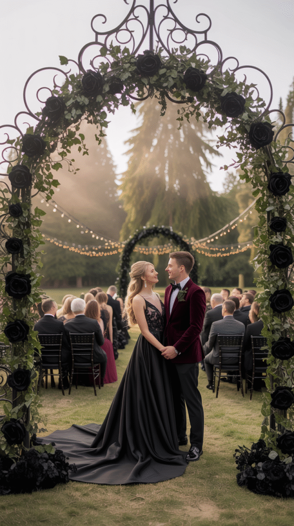 Gothic wedding ceremony arch with black roses and ivy under fairy lights.