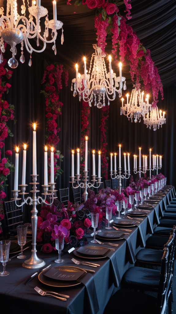 Gothic wedding table with antique gold candelabras, black candles, and red roses.
