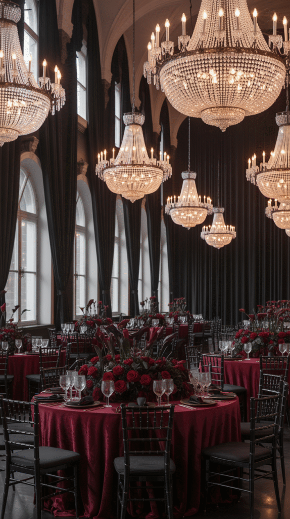 Gothic wedding reception with crystal chandeliers and velvet table decor.