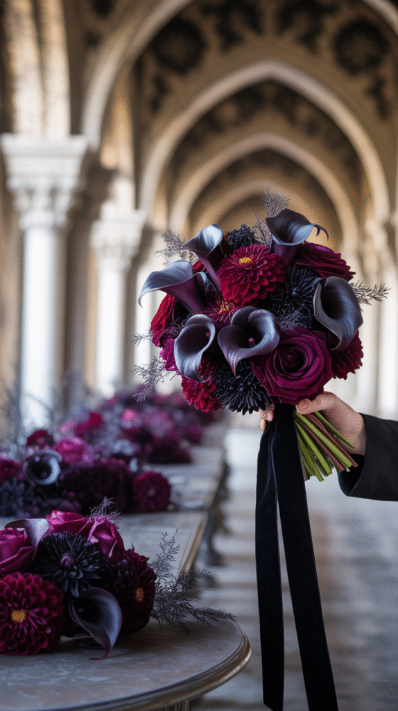 Gothic bridal bouquet with black lilies, dark dahlias, and red roses.