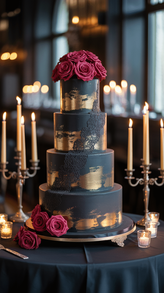Black Gothic wedding cake with gold foil accents and red roses.