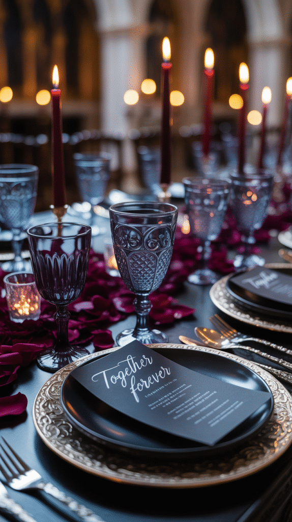 Gothic wedding table with smoky goblets, black plates, and ornate silverware.