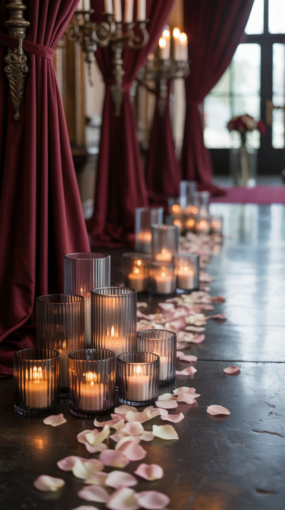 Smoky glass candle holders glowing along a Gothic wedding aisle.