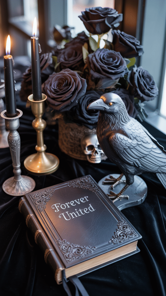 Gothic wedding table with raven figurine, skull accents, and dark roses.
