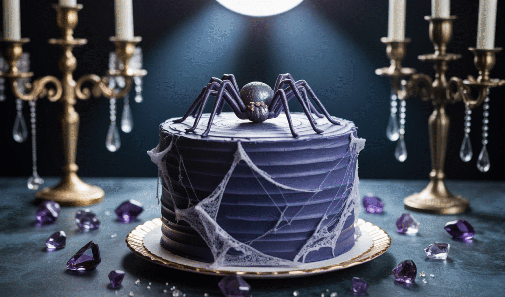 Midnight-blue wedding cake with edible cobwebs and sugar spider detail.