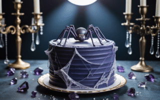 Midnight-blue wedding cake with edible cobwebs and sugar spider detail.