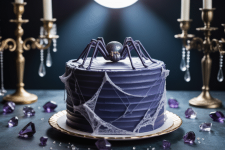 Midnight-blue wedding cake with edible cobwebs and sugar spider detail.
