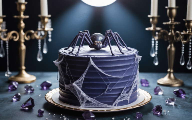 Midnight-blue wedding cake with edible cobwebs and sugar spider detail.