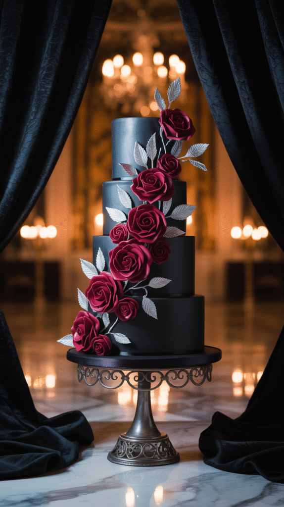 Black fondant wedding cake with cascading red sugar roses and silver leaves.