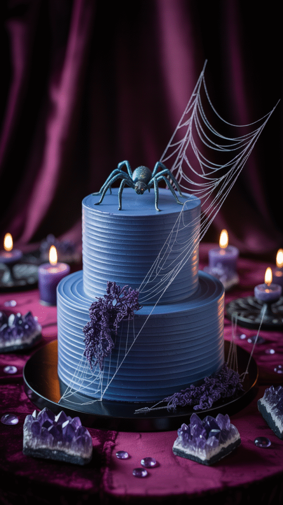 Midnight-blue wedding cake with edible cobwebs and sugar spider detail.