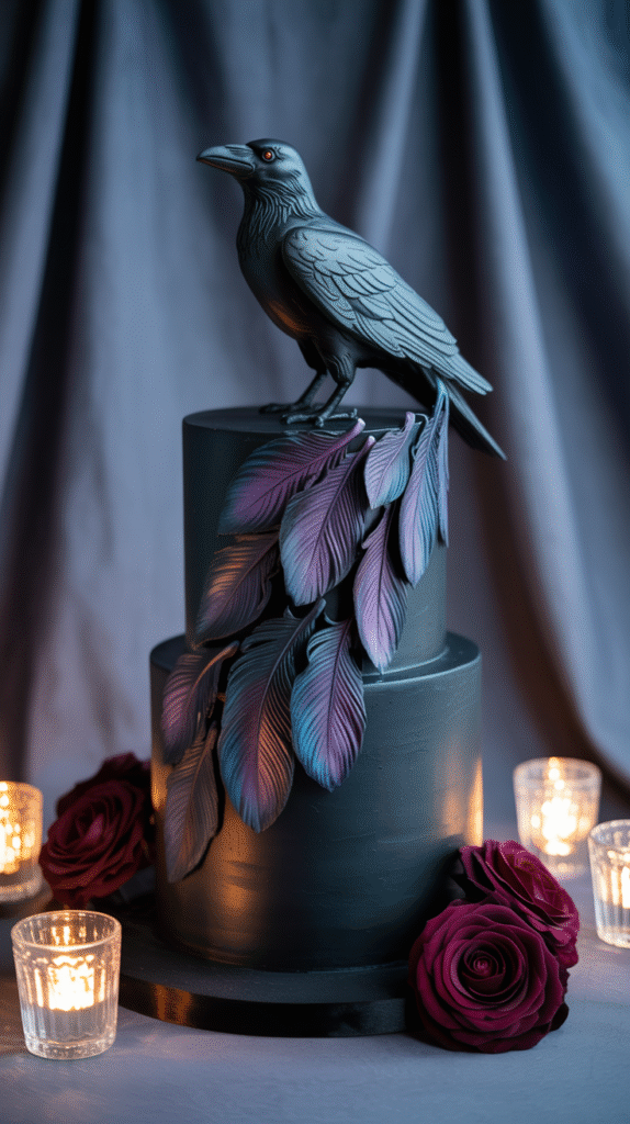 Black wedding cake with edible raven feather accents and sugar raven topper.