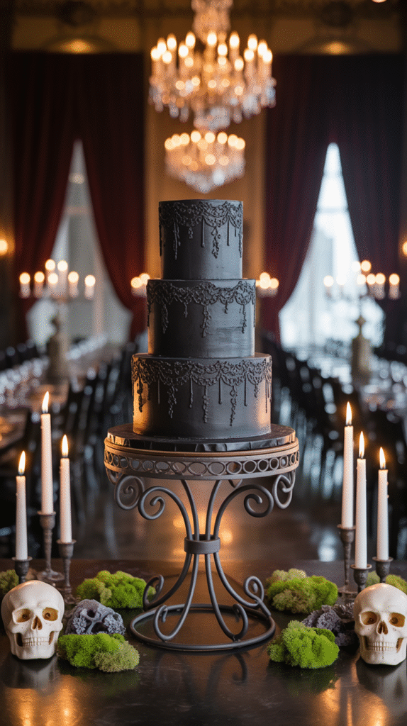 Gothic cake stand with candles holding a black wedding cake decorated for Halloween.