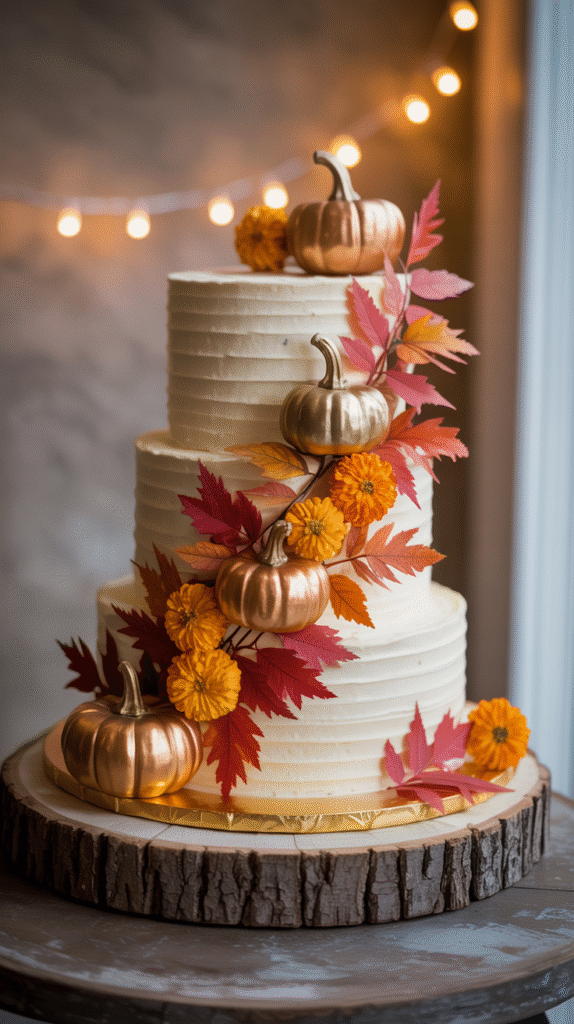 White wedding cake with metallic pumpkin toppers, autumn leaves, and marigold flowers.