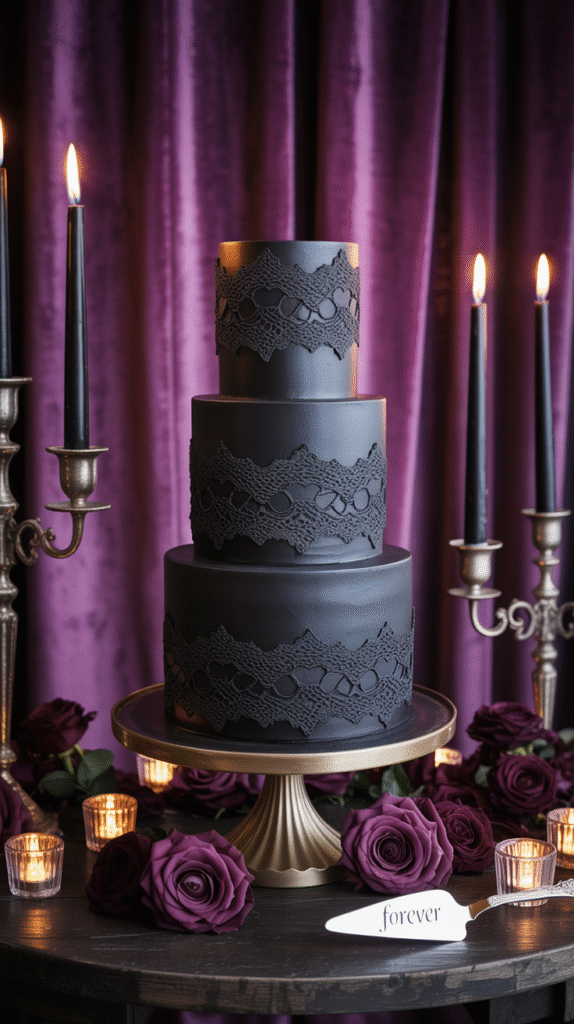 Black lace wedding cake with gothic lace detail, burgundy roses, and candles on a dark wood table.