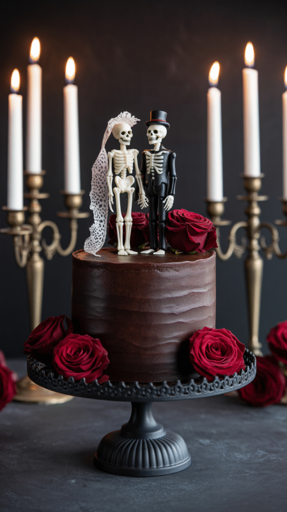 Skeleton bride and groom cake topper on a dark chocolate wedding cake with red roses.