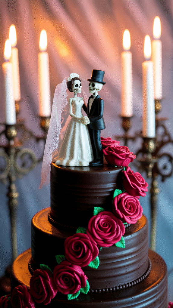 Skeleton bride and groom cake topper on a dark chocolate wedding cake with red roses.