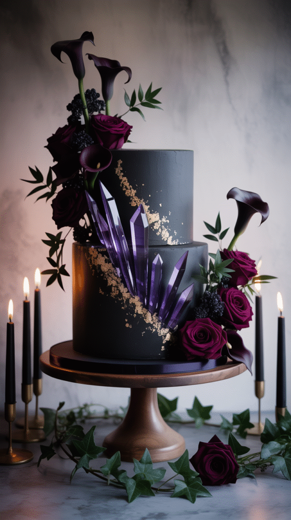 Black wedding cake with edible amethyst sugar crystal shards and gold accents.