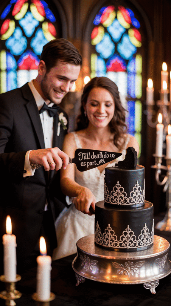 Gothic cake knife and server used at a Halloween wedding cake cutting.